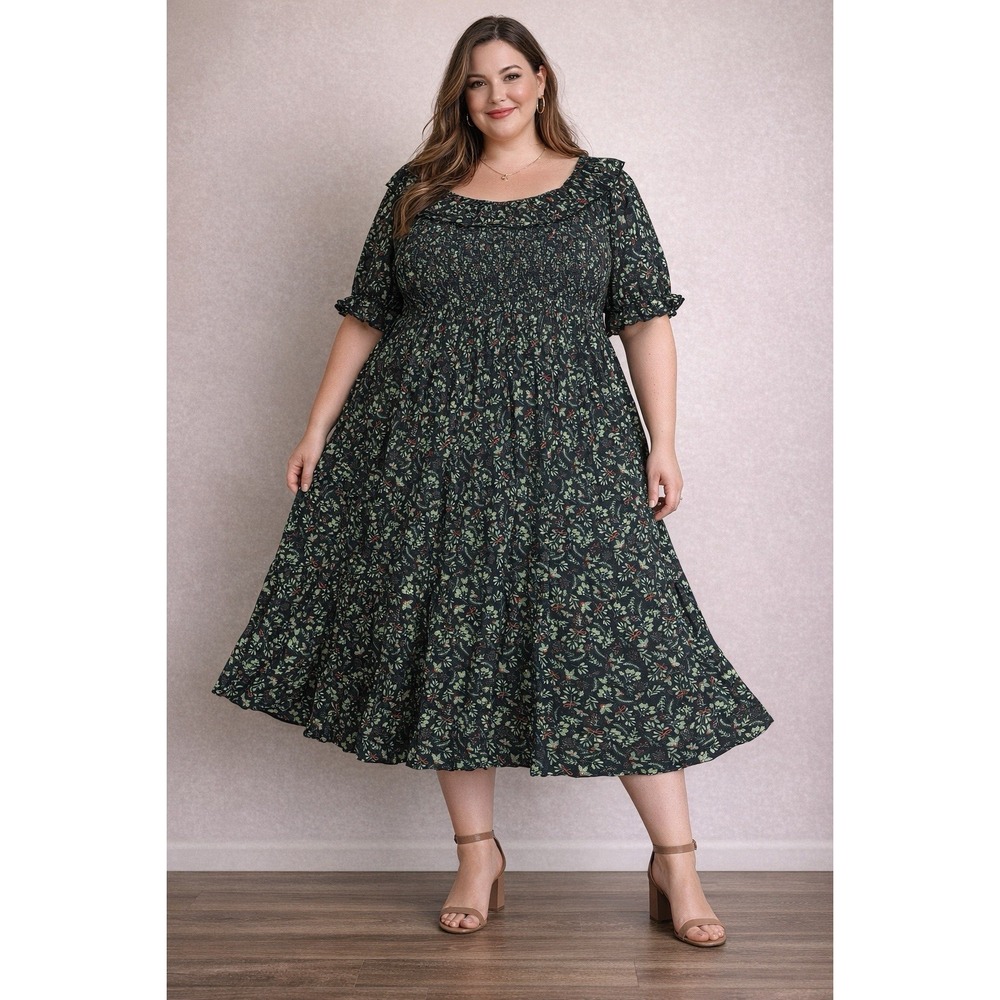 Ivy City Merry Dress SZ 4X  Christmas Holly Berry Holiday Ruffle Cotton EUC NAVY